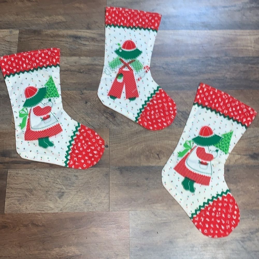 Set of 3 Vintage 1970s Handmade Cotton Christmas Stockings Retro Holiday Decor